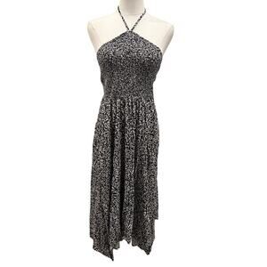 Old Navy Cream Black Fit and Flare Halter Midi Dress Medium Handkerchief Hem